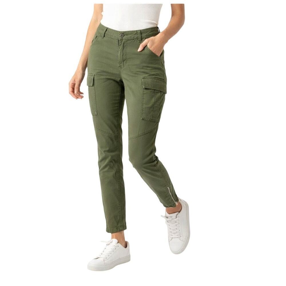 Jones New York Signature Woman Olive Green Stretch Cargo Pants Zip Ankle 14W